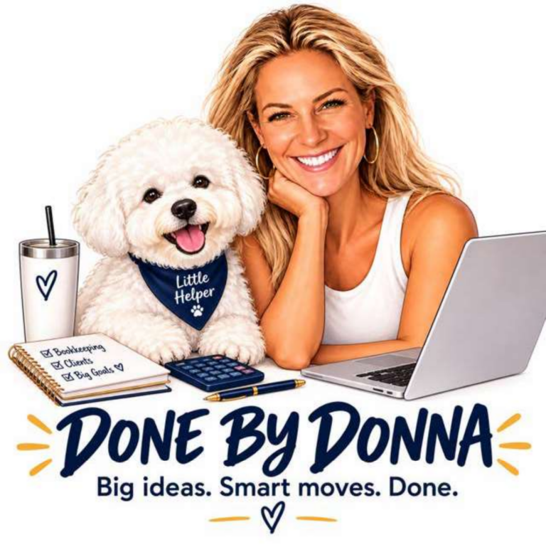 Done by Donna – Donna with her dog at a laptop. Big ideas. Smart moves. Done.